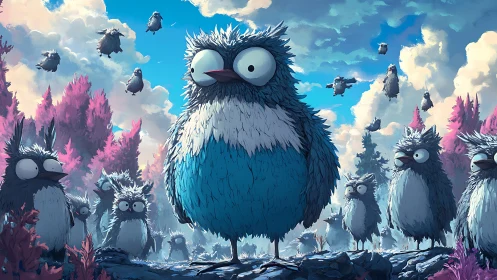 Surreal cartoon birds in vibrant forest, whimsical digital art style.