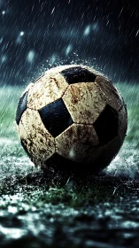 Mud-splashed soccer ball under dramatic stadium rainstorm.