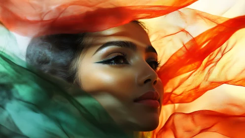 Portrait wrapped in tricolor silk with dramatic warm light.