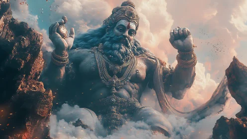 Colossal sky deity emerges from clouds amid glowing cliffs