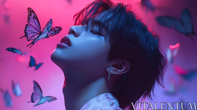Portrait with butterflies in neon pink and blue light.