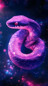Iridescent neon viper coiled in cosmic nebula environment
