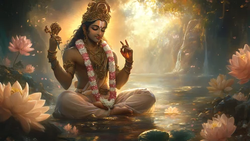 Serene divine figure meditating in a golden lotus pond.