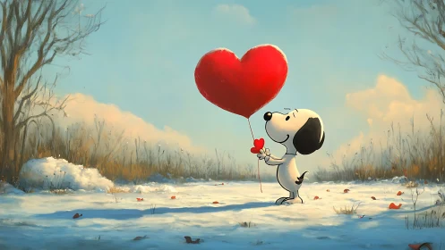 Snoopy Holding Heart Balloon in Snowy Landscape