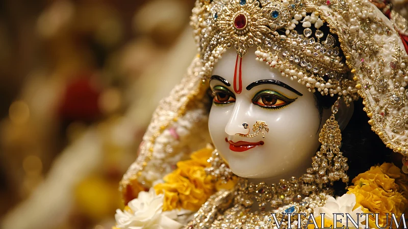 Ornate Hindu deity statue with jeweled crown and flowers.