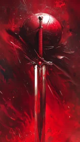 Blood red sword against sphere in abstract crimson storm.