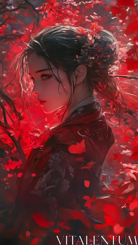 Scarlet petals guard the quiet resolve of a painted gaze