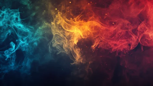 Fiery orange nebula merges with cool blue and red clouds.