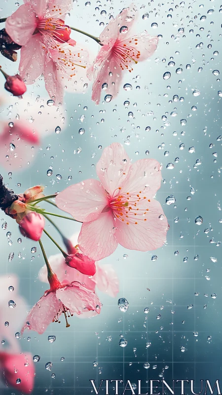 Pink flowers wet with water droplets against pale blue background