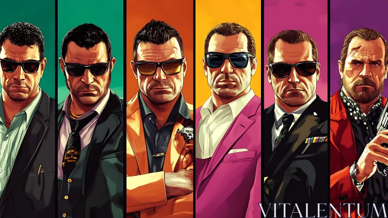 Stylized mob enforcers in bold geometric color panels.