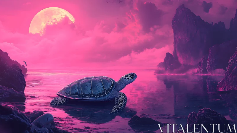Bioluminescent sea turtle under magenta moonlit coastal sky