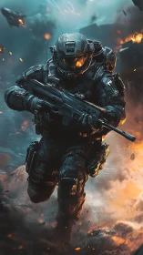 Armored sci fi soldier charges through explosive battlefield