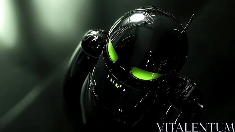 Curious glossy robot with glowing green eyes in shadow.