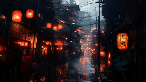 Rain-soaked alley with red lanterns in dense urban district.