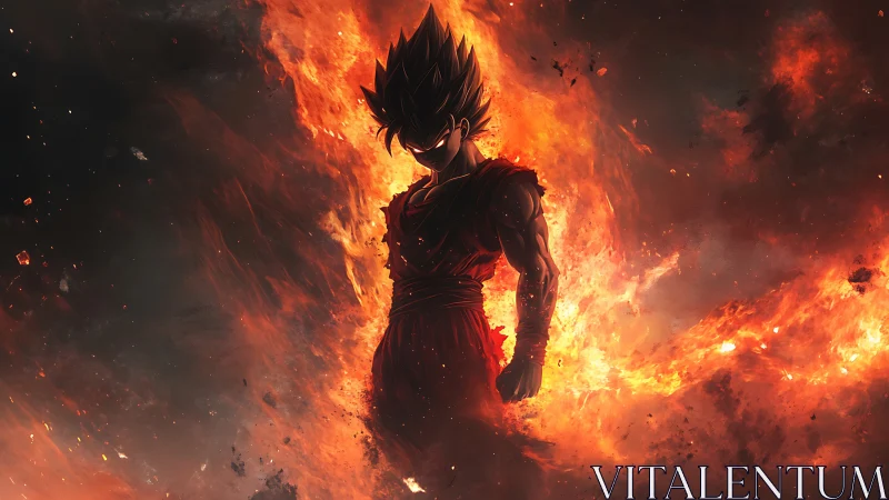 Inferno-charged anime warrior strides through blazing dusk.