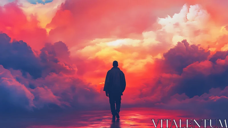 Solitary figure walks into a glowing storm of radiant clouds