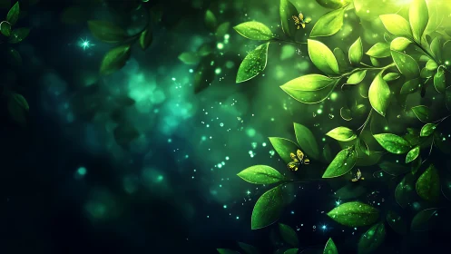 Luminous green leaves with glowing butterflies and bokeh light.