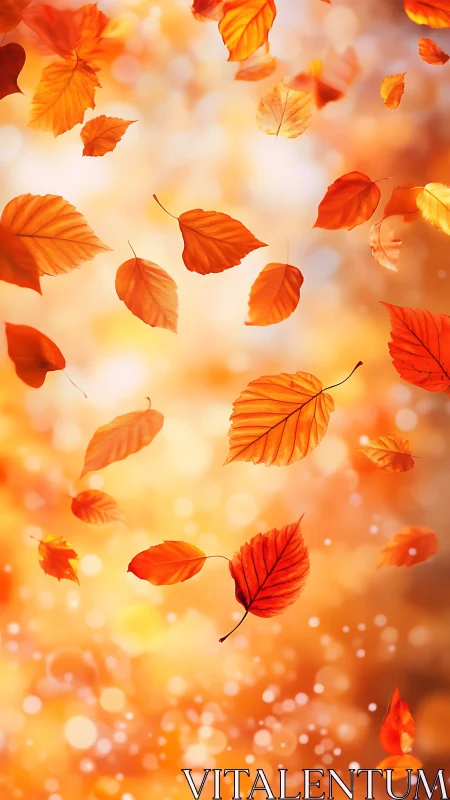 Golden autumn leaves drift gently through warm glowing light