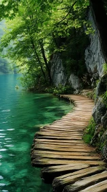 Serpentine lakeside boardwalk beneath lush emerald canopy.