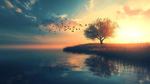 Serene lakeside sunset with lone tree and birds in dreamy style.