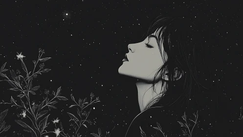 Monochrome profile portrait amid starfield and florals at night.