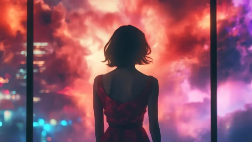 Digital painting of woman at neon-lit window in chromatic haze.