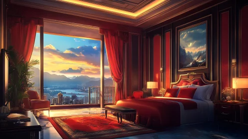 Sunset city view from a richly lit red luxury bedroom.