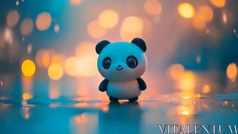 Glowing bokeh night encircles adorable plush panda toy.