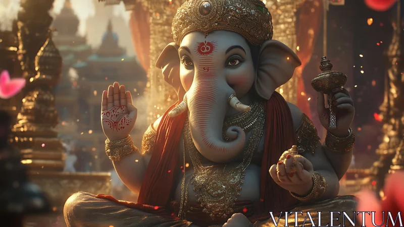 Digital Ganesh idol in ornate temple light and petals.