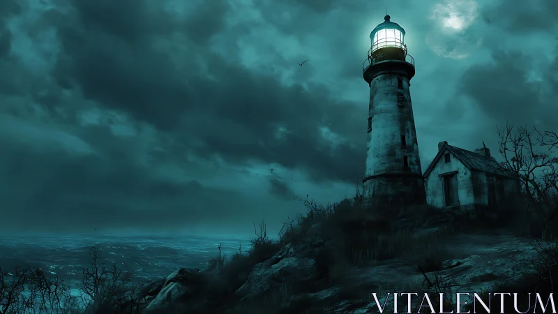 Stormy night lighthouse on rocky coast with eerie glow.