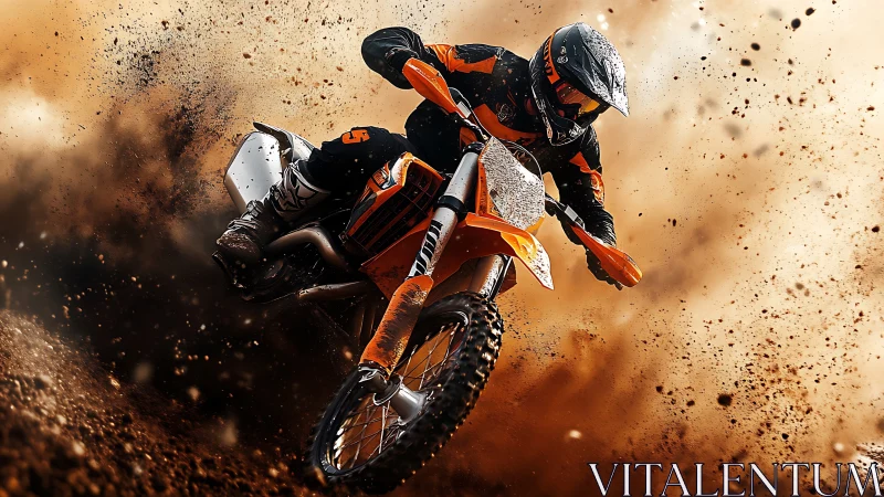 Motocross rider carving dirt berm in dynamic action frame.
