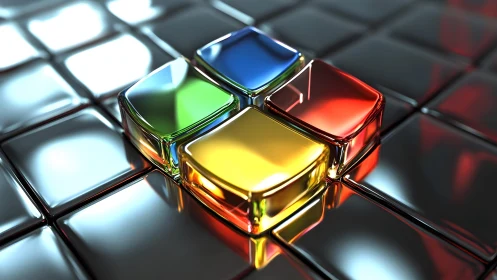 Glossy Colored Glass Blocks on Metallic Grid in 3D Style.