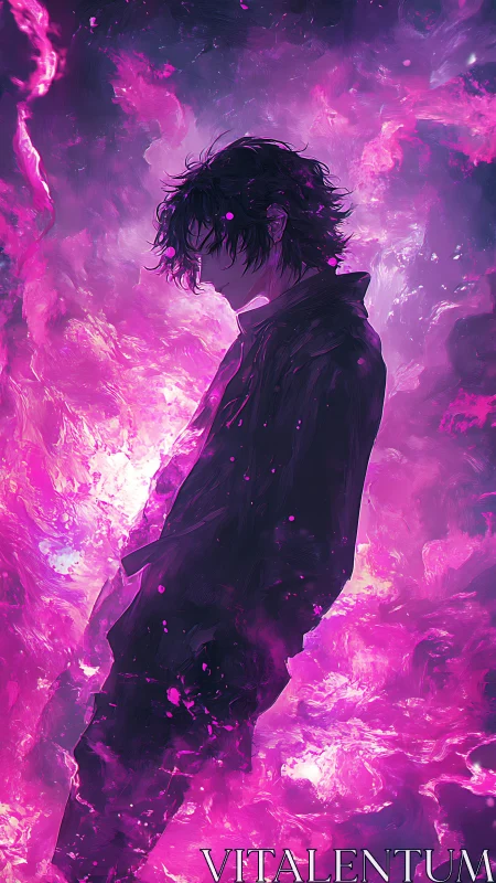 Solitary dreamer wrapped in swirling violet starlight.