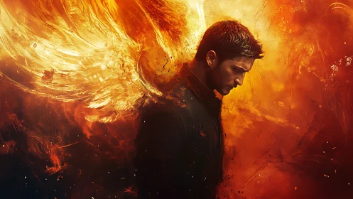 Brooding fireborn guardian with wings of molten sunrise.