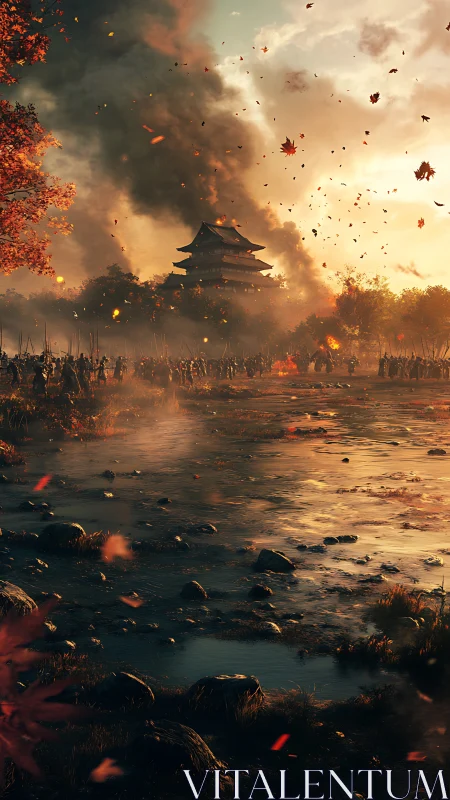 Burning samurai castle at dusk amid drifting autumn leaves.