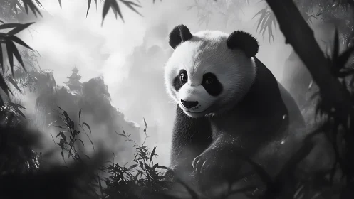 Monochrome panda explores misty bamboo valley landscape.