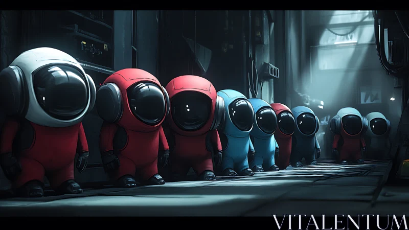 Row of small suited figures stands in dim sci fi corridor