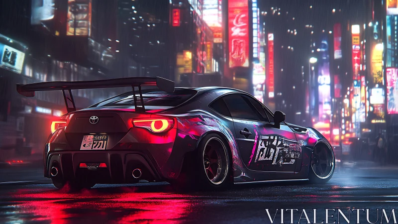 Modified Toyota coupe parked in neon lit rainy city street