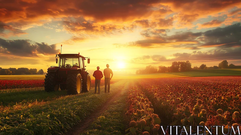 Photorealistic rural sunset with tractor and field perspective.