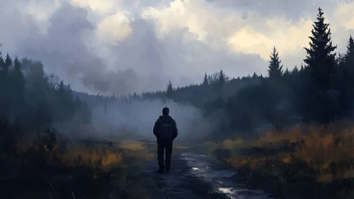 Solitary figure walks on wet forest path under dense clouds