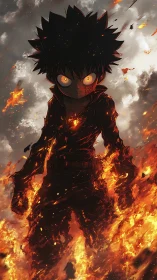 Fiery anime warrior strides through storm-lit inferno sky