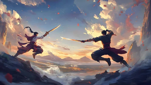 Twin sword dancers meeting at the edge of the sky.