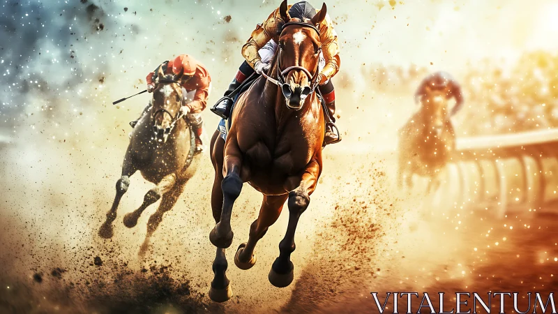Galloping racehorse charges through golden dust and motion
