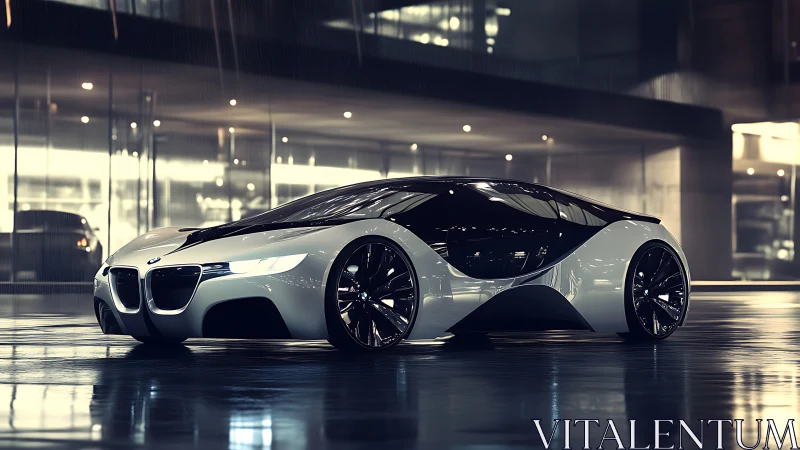 Futuristic white BMW concept coupe in wet urban setting.