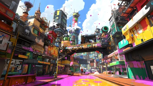 Neon-splattered vertical cityscape under elevated transit span.