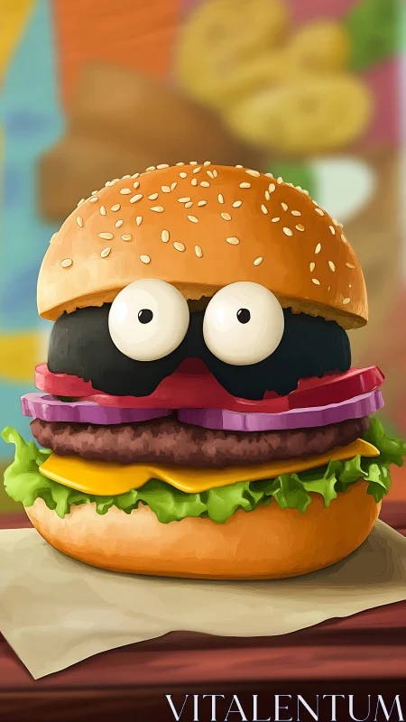 Anthropomorphic cheeseburger stack with cartoon eyes and lettuce