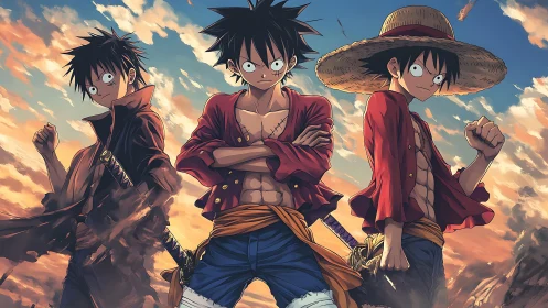 Triple anime swordsmen under dramatic sunset sky panorama