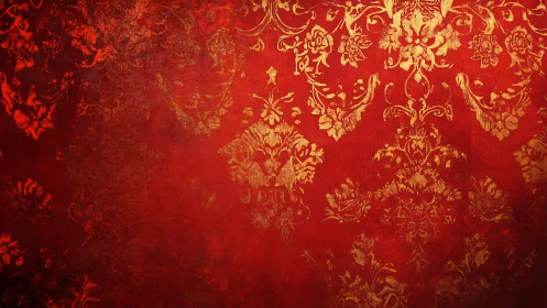 Red damask background with worn ornate gold pattern.
