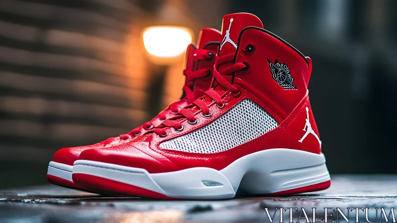 Photorealistic red basketball sneakers in dynamic product closeup.