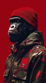 Streetwise gorilla sentinel in crimson beanie and camo shell.